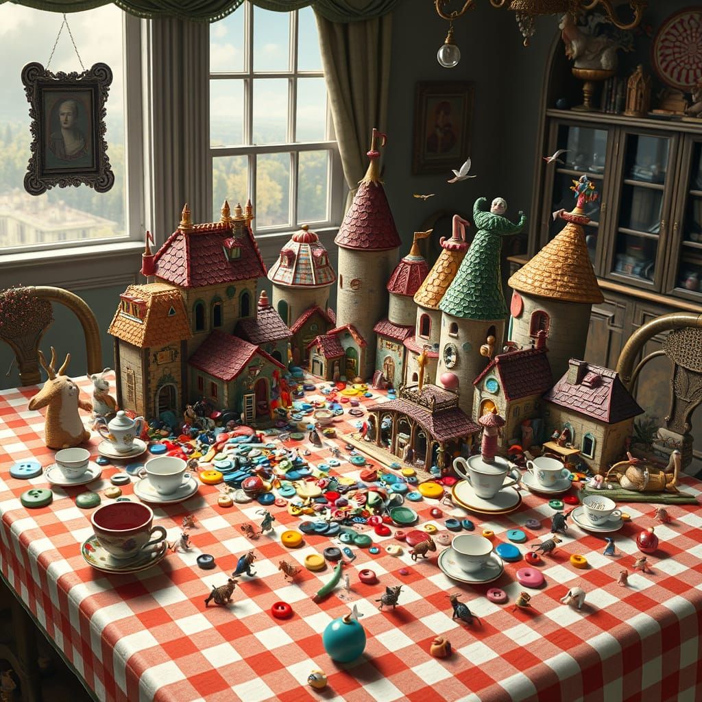 Surreal Town of Objects on Checkered Cloth