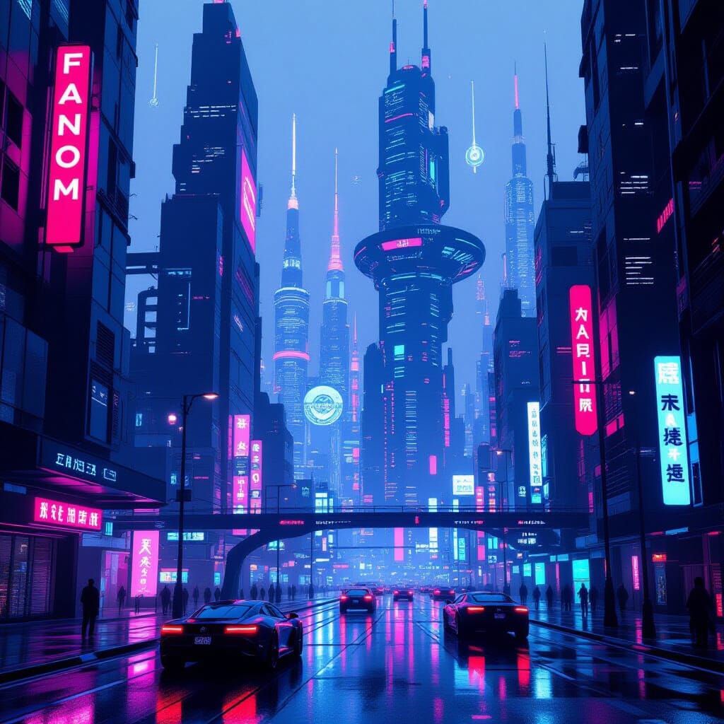 Futuristic Cityscape with Neon Lights in Cyberpunk Style
