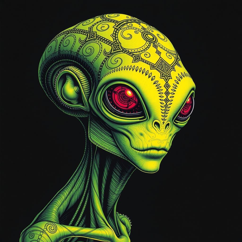 Vibrant Alien Portrait in Intricate Crosshatching Style