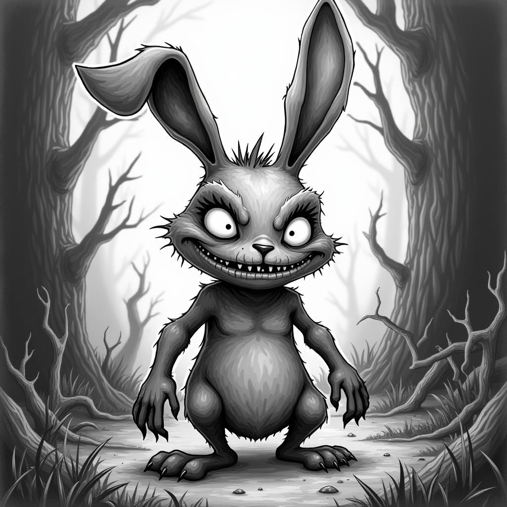 Eerie Demented Bunny Cartoon in Black and White