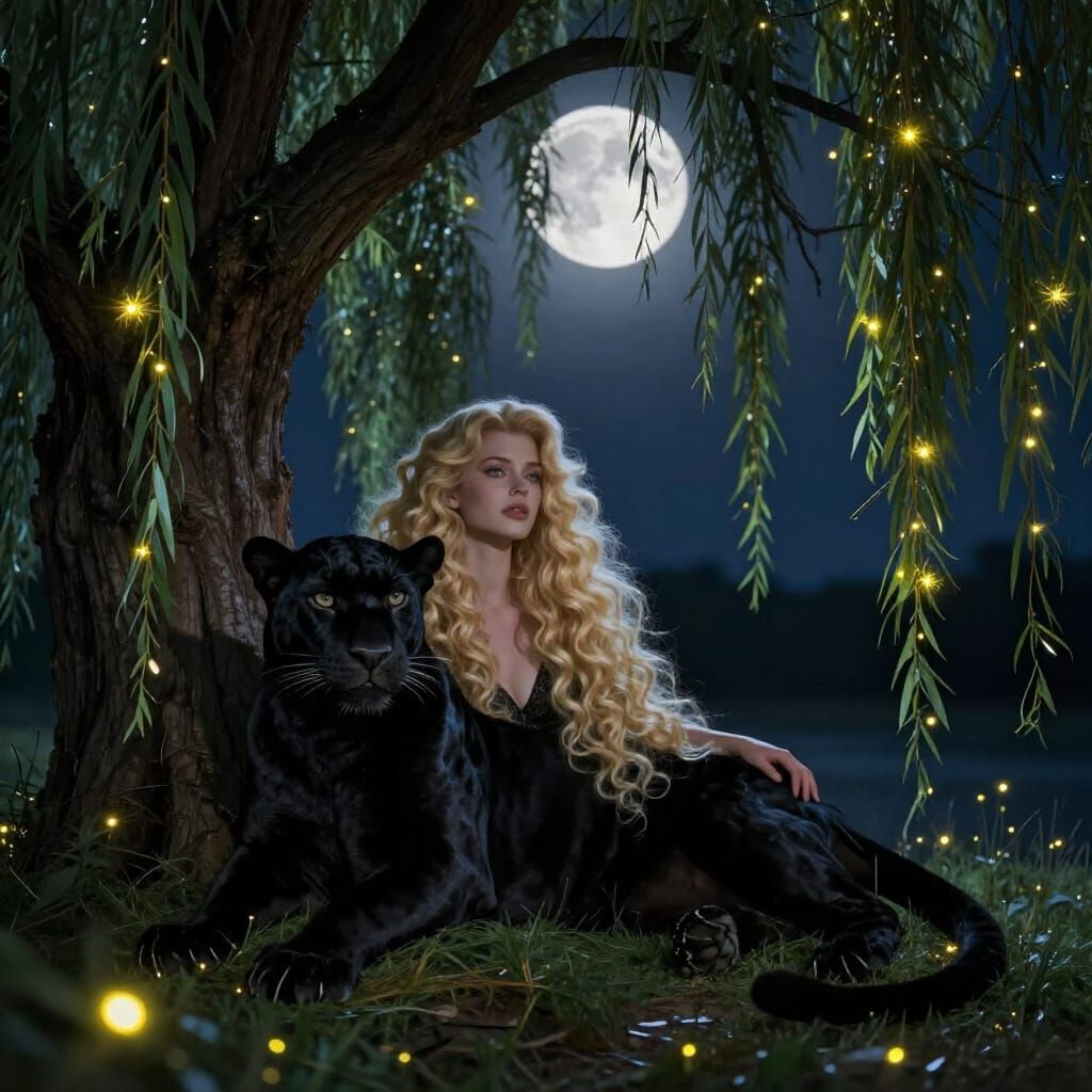 Black Panther and Woman Under Moonlit Willow Tree