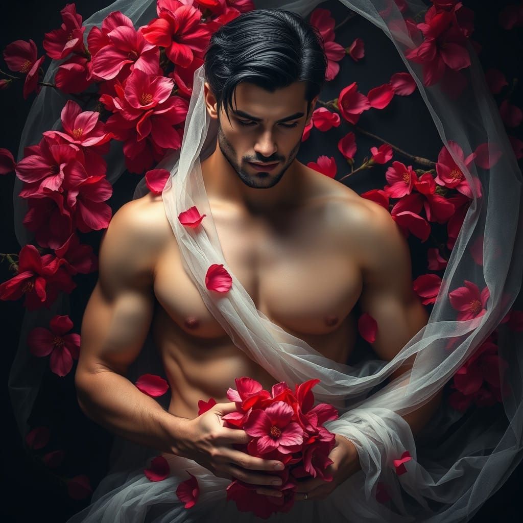 Chiseled Adonis Among Blooming Flowers in Darkly Romantic Di...