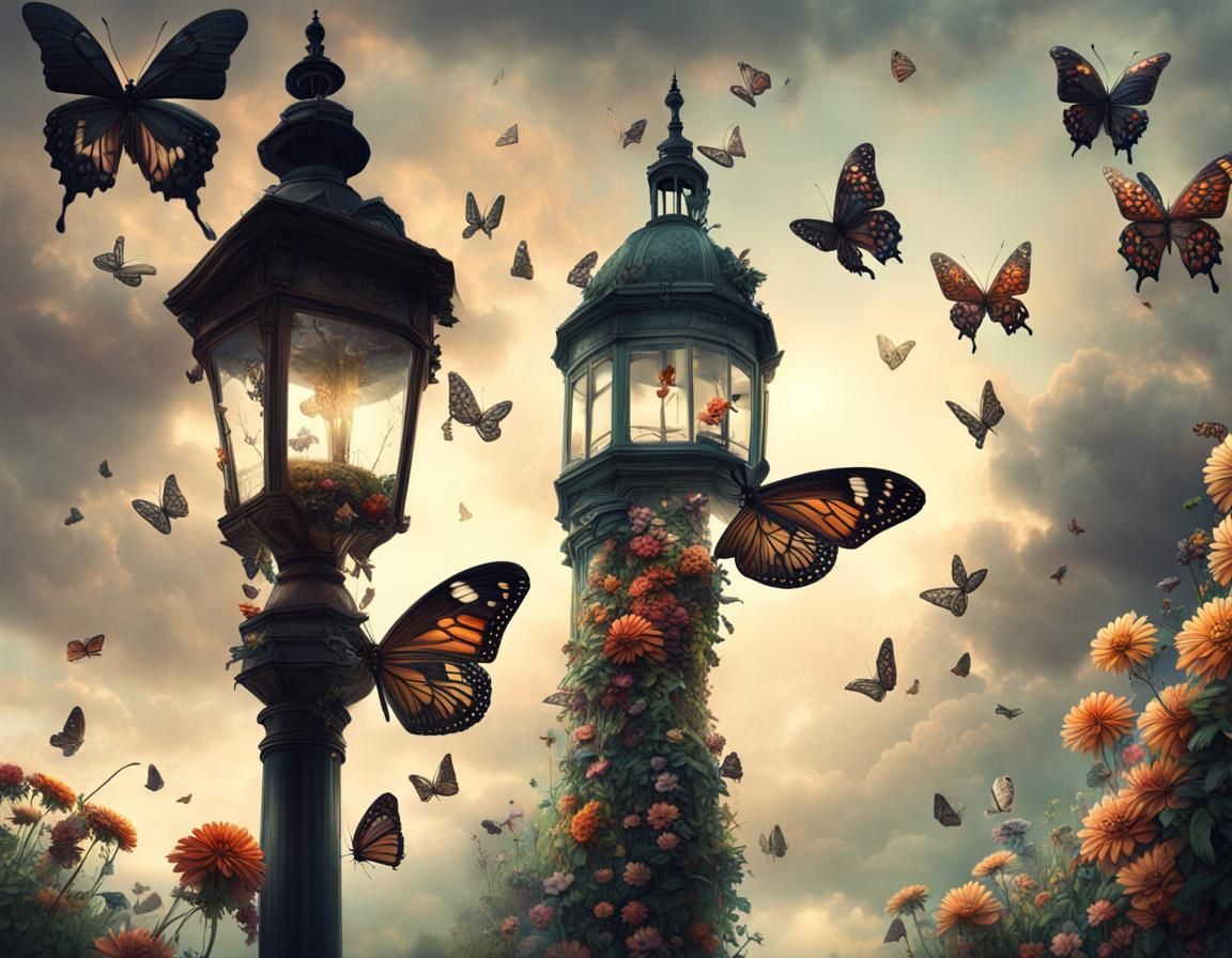 Butterfly Garden with Lamppost: Digital Matte Painting