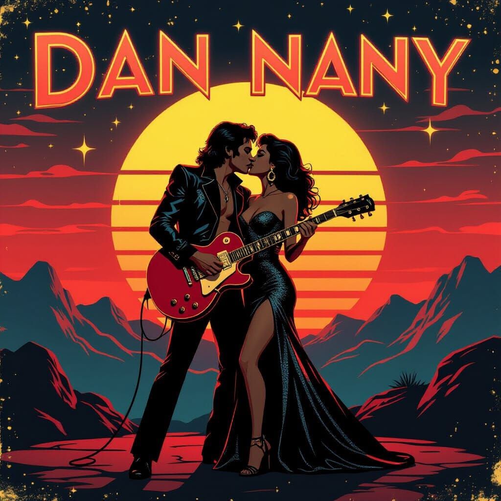 Romantic Sunset Kiss on Stage: 1980s Glam Metal Album Art