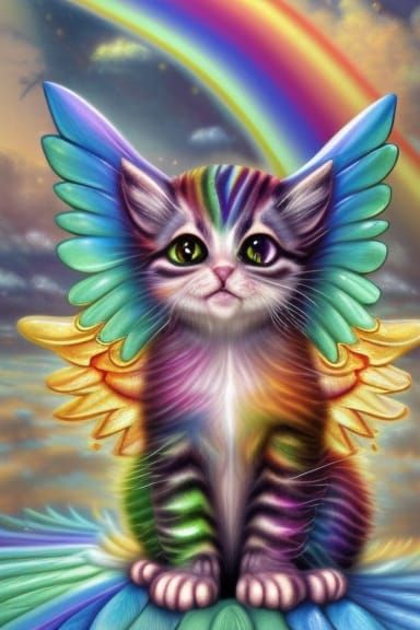 Rainbow Kitten with Dragon Wings in Fantasy Wonderland