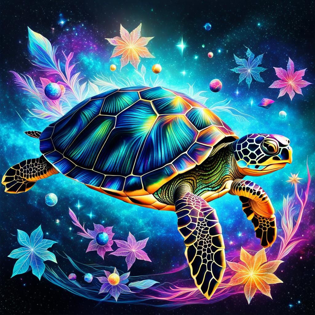 Holographic Crystal Turtle: Astral Cosmic Illustration