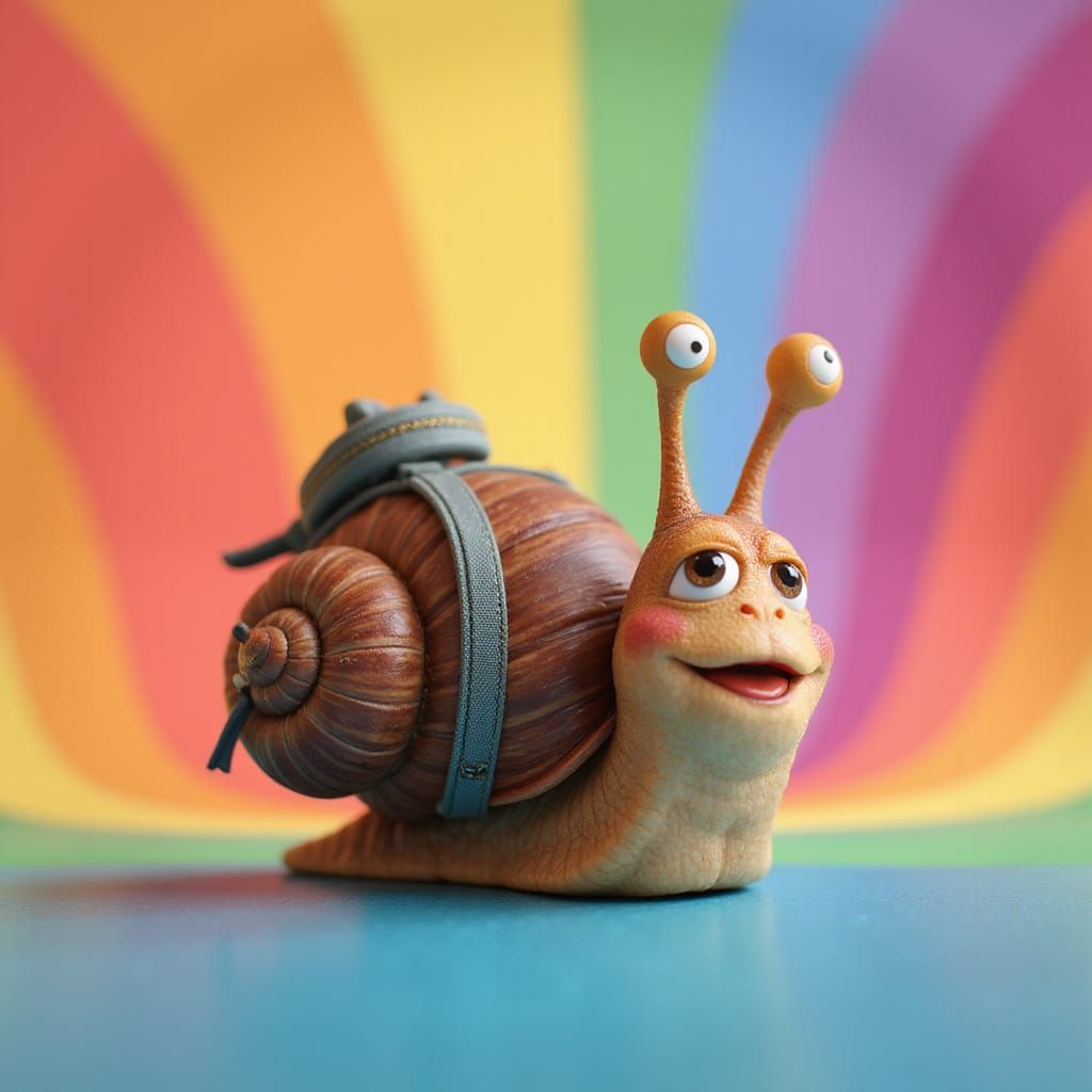 Curious Snail with Backpack in Pixar Style