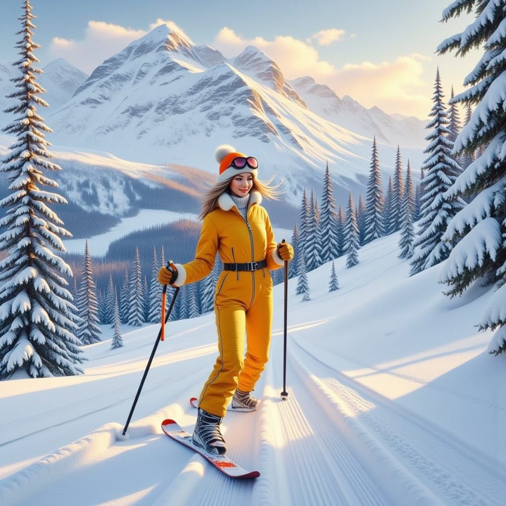 Elegant Woman in Yellow Ski Outfit Amidst Snowy Mountains