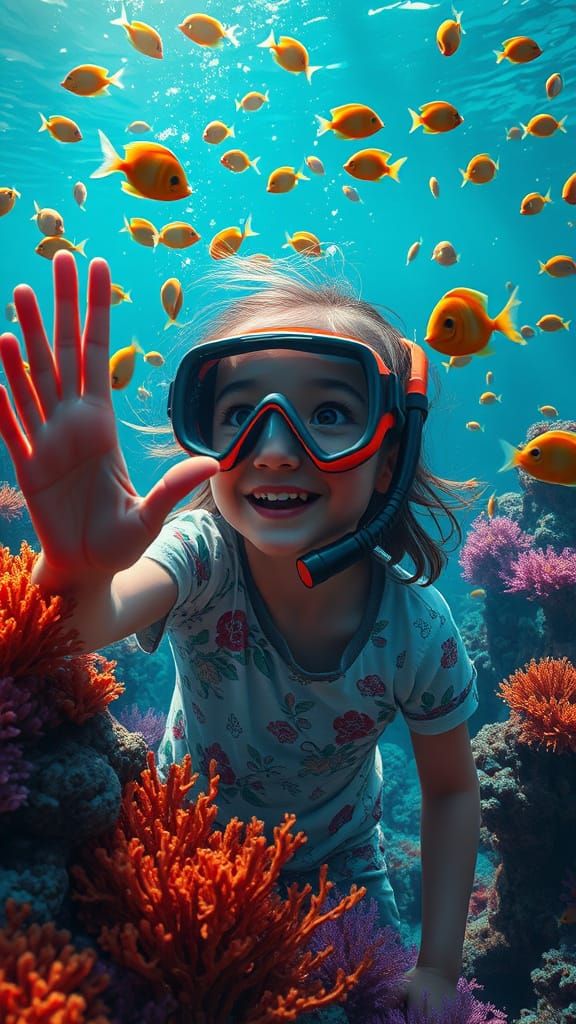 Girl Snorkels Among Coral Reefs in Digital Art Style