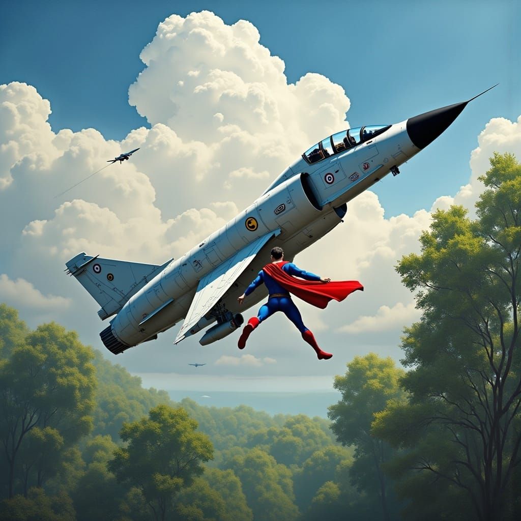 Superman Chases F-4 Phantom Jet in a Dramatic Oil Painting S...