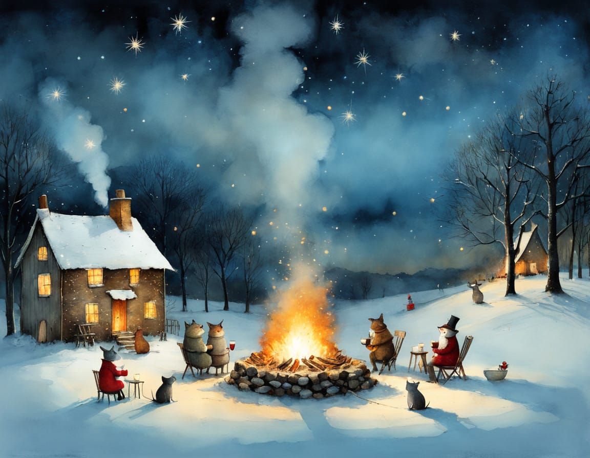 Warm Winter Nights in Vibrant Earth Tones, Whimsical Illustr...