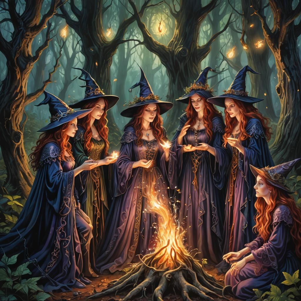Enchanting Witches Casting Spell in Forest, Fantasy Art