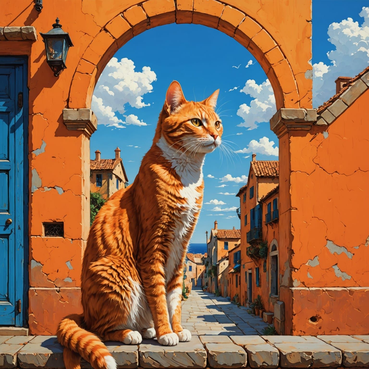 Vibrant Anime-Inspired Cat Perched on an Orange Wall under a...
