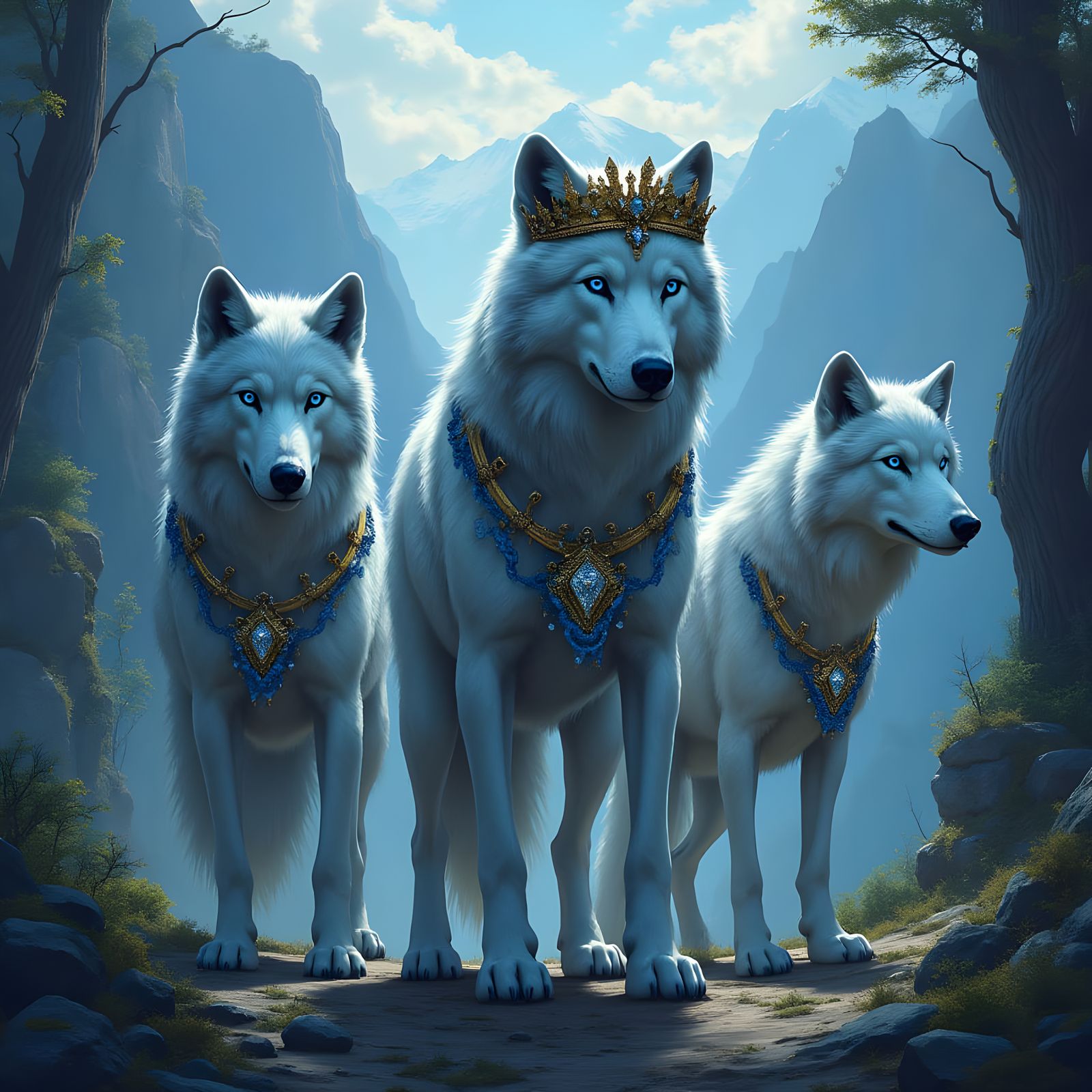Majestic Wolves with Diamond Chain and Crown