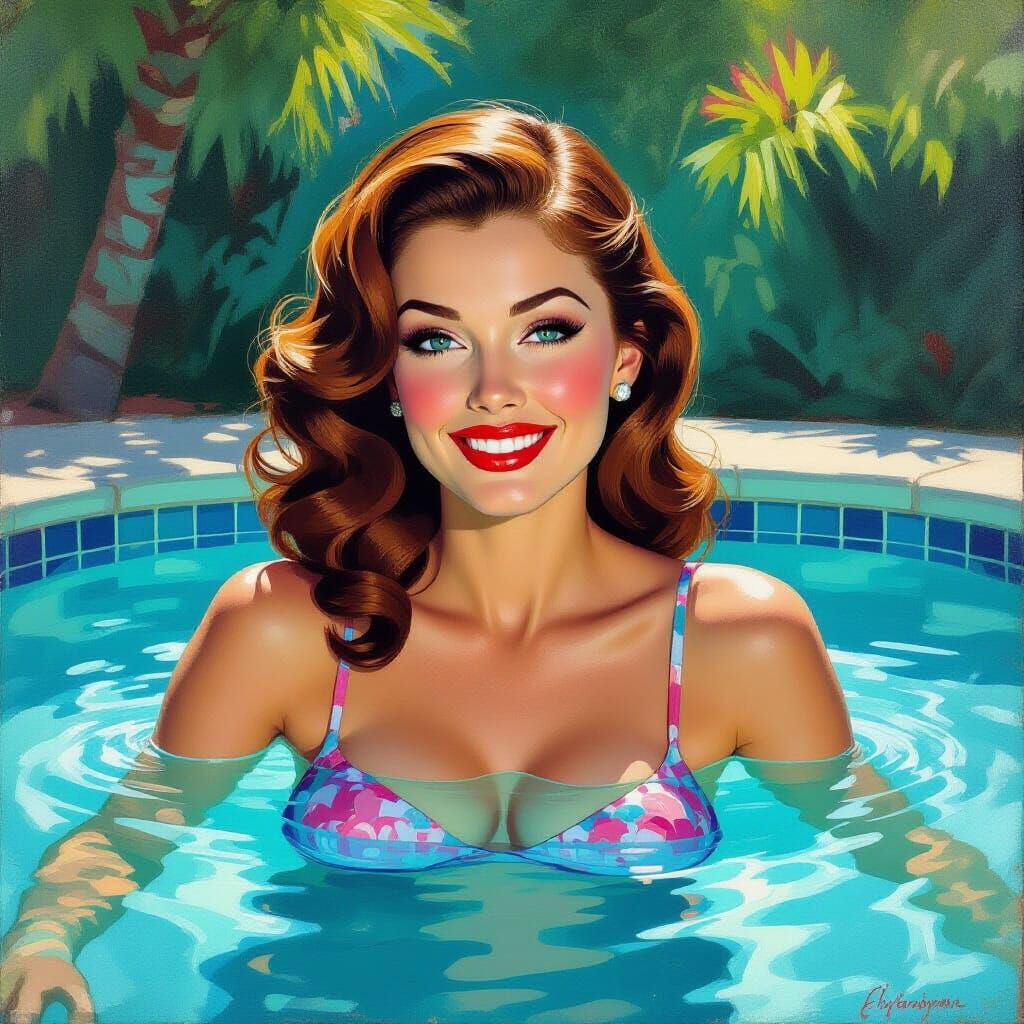 1950s Pin-Up Woman Emerges from Pool in Neo-Impressionist St...
