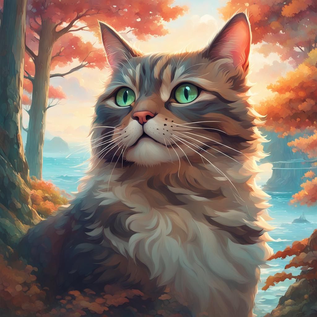 Double Exposure: Smiling Cat in Forest Landscape