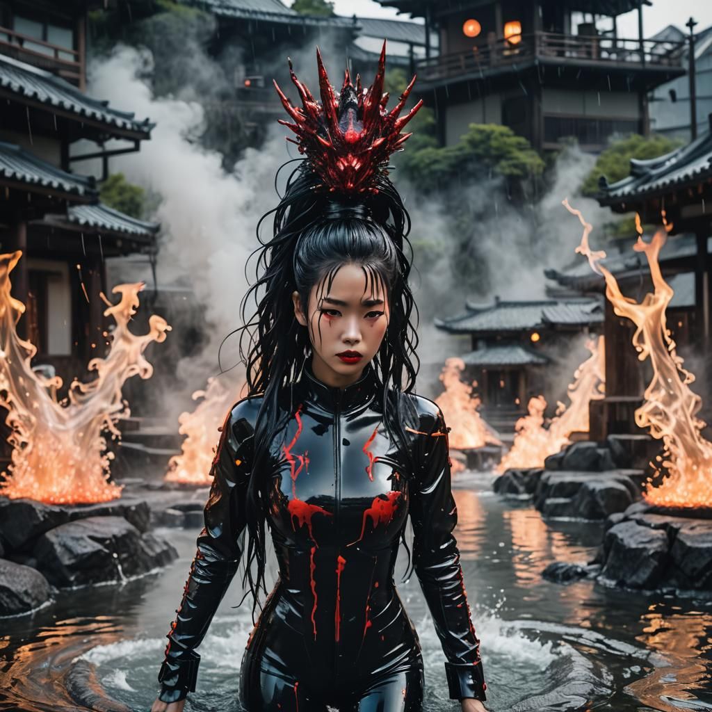 Cyberpunk Woman in Explosive Volcanic Hot Spring