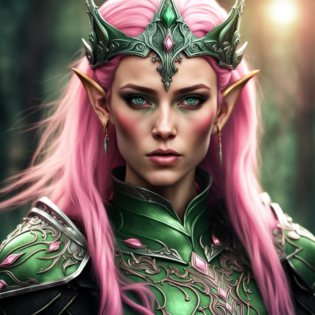 High Elf with Pink Hair and Green Magic