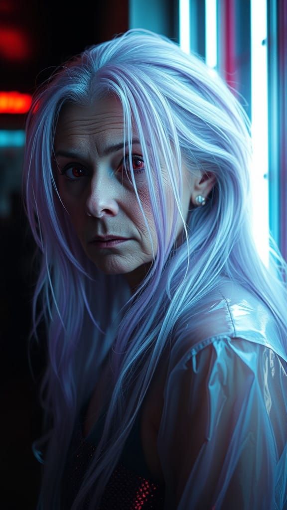 Ethereal Mystic Woman in Neon-Lit Chiaroscuro