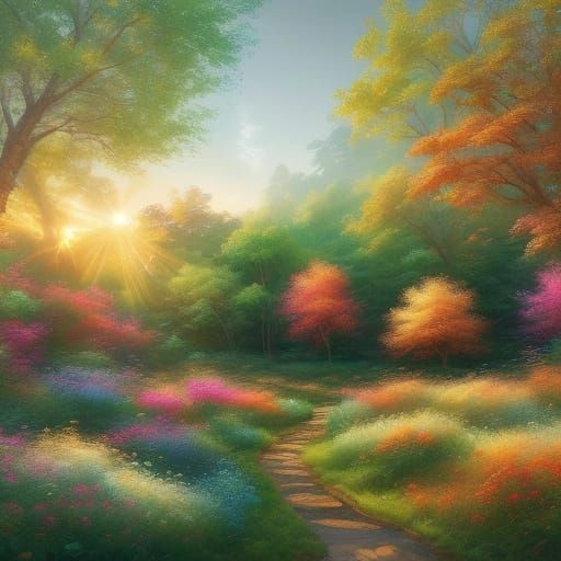 Vibrant Forest Path in Watercolor Impressionist Style