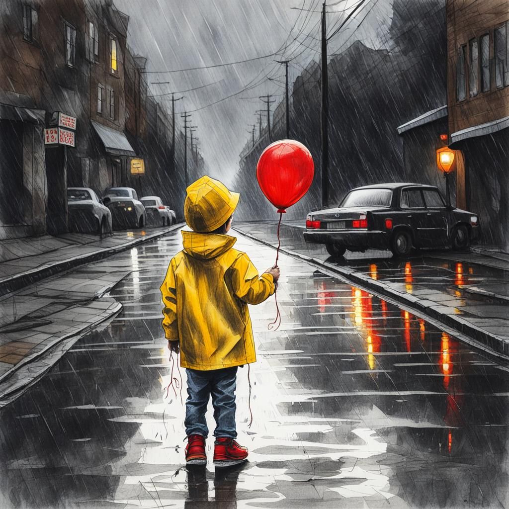 Boy With Red Balloon in Rainy Street