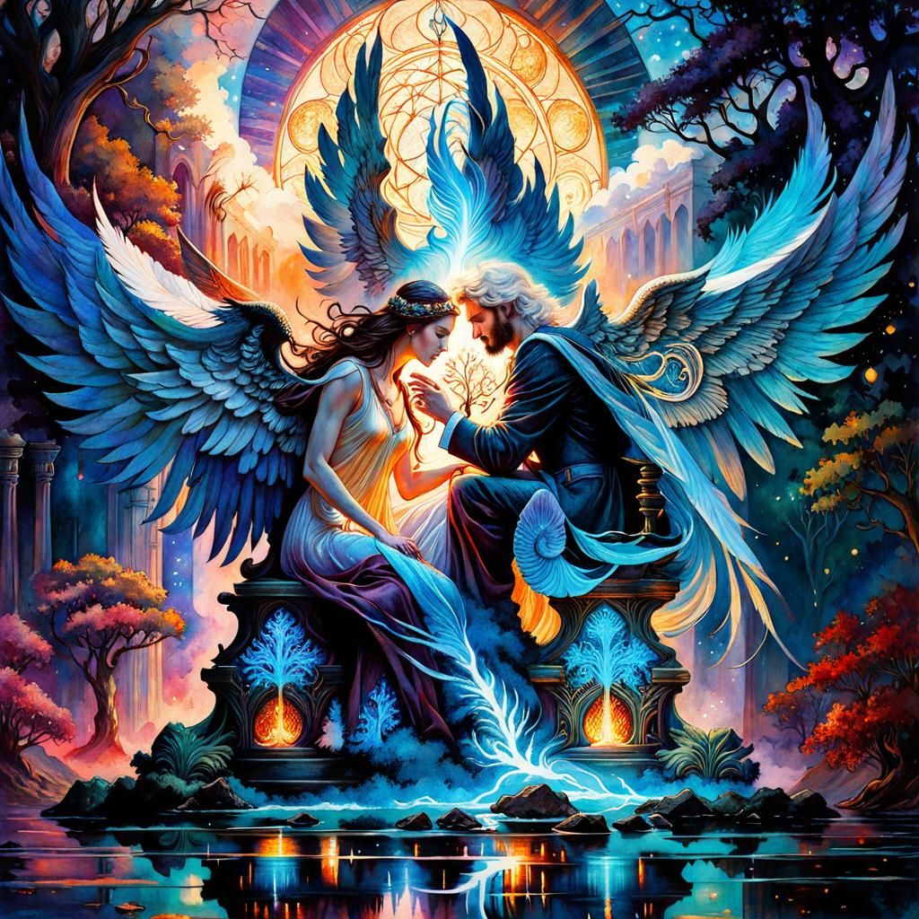 Angel and Demon Jenga in Art Nouveau Watercolor