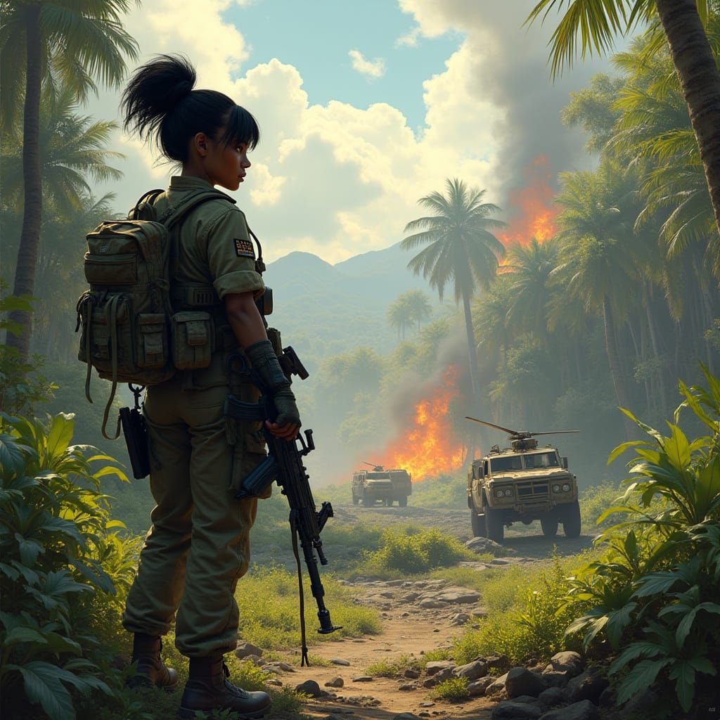 Photorealistic Female Soldier in Jungle Battlefield