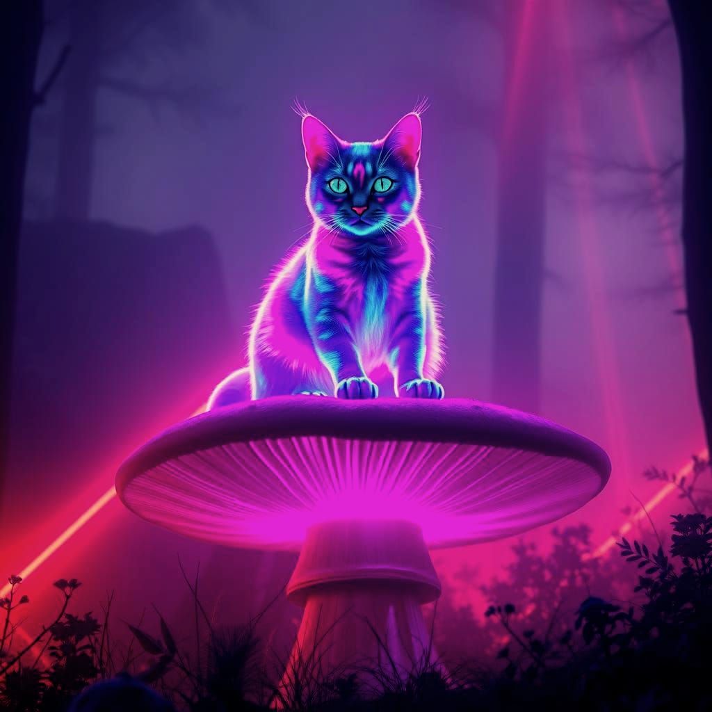 Synthwave Cat on Mushroom: Neon Retro Dreamscape