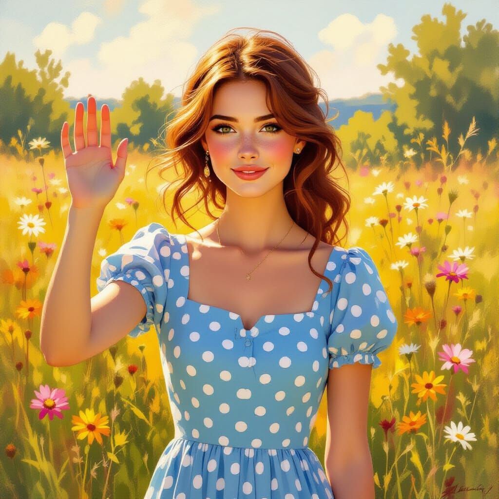 Woman in Polka Dot Dress in Golden Hour Meadow Oil Painting