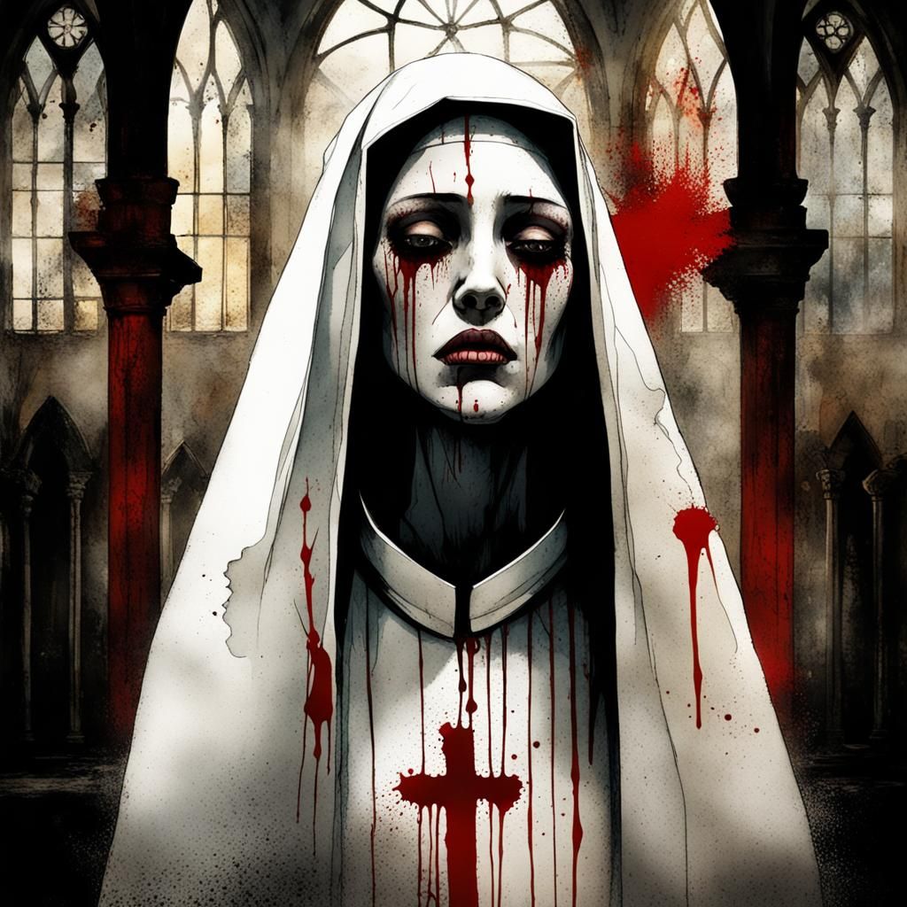 Crying Nun in Ruined Church, Gothic Watercolor Art