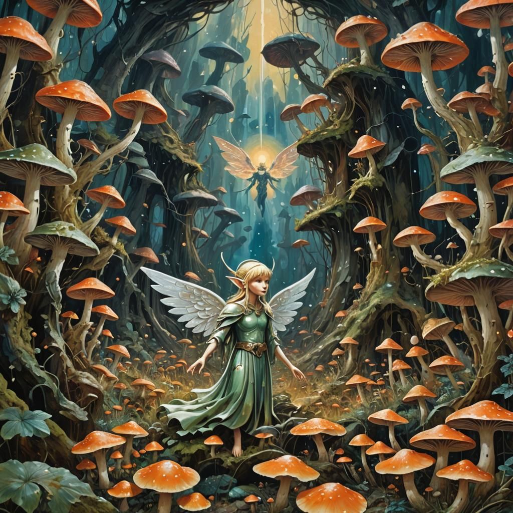 Elf Angel in Surreal Mushroom Landscape as Impasto Painting
