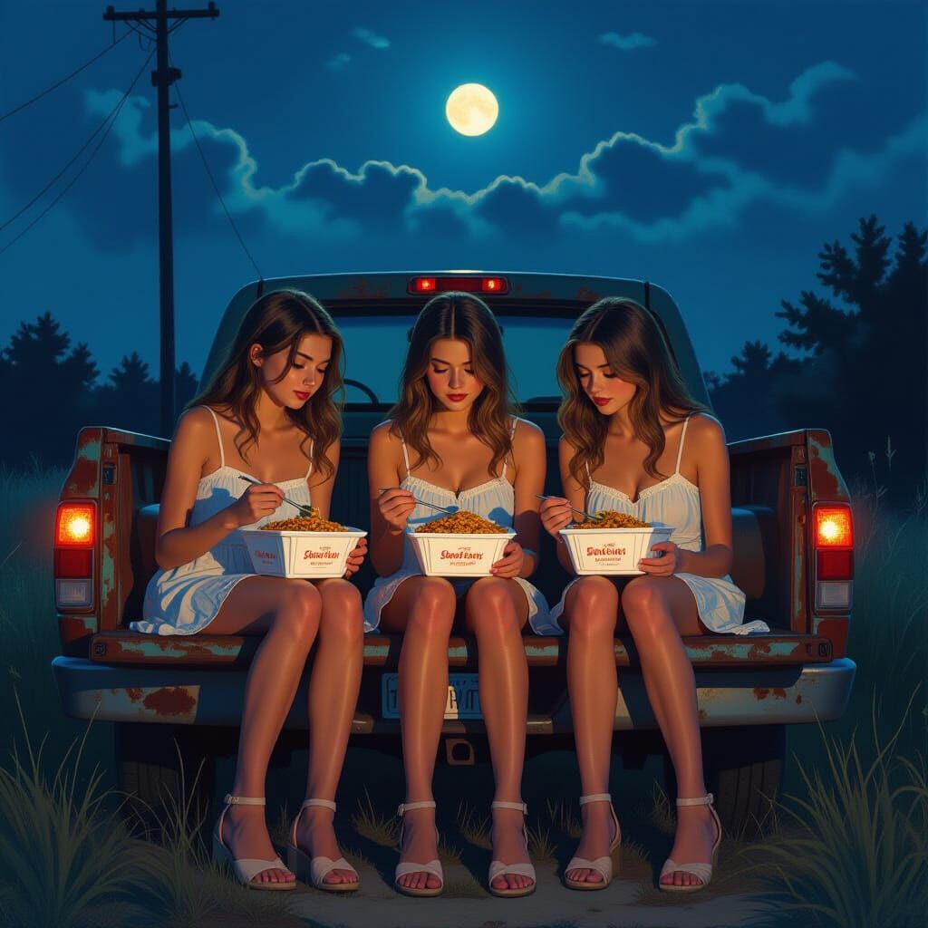 Girls Enjoying Stir-Fry Under Moonlight: Dark Mystical Reali...