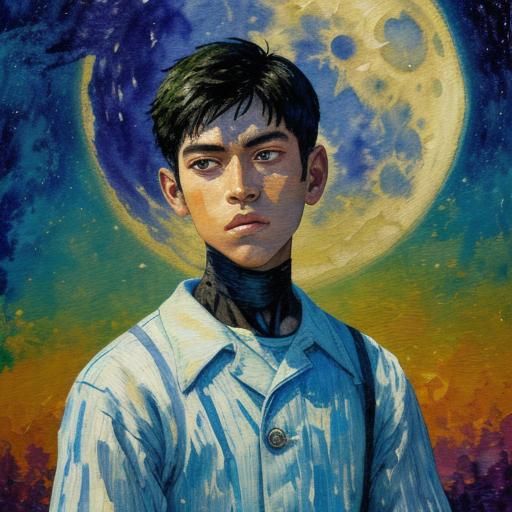 Boy Gazing at Moon in Watercolor Neo-Expressionism