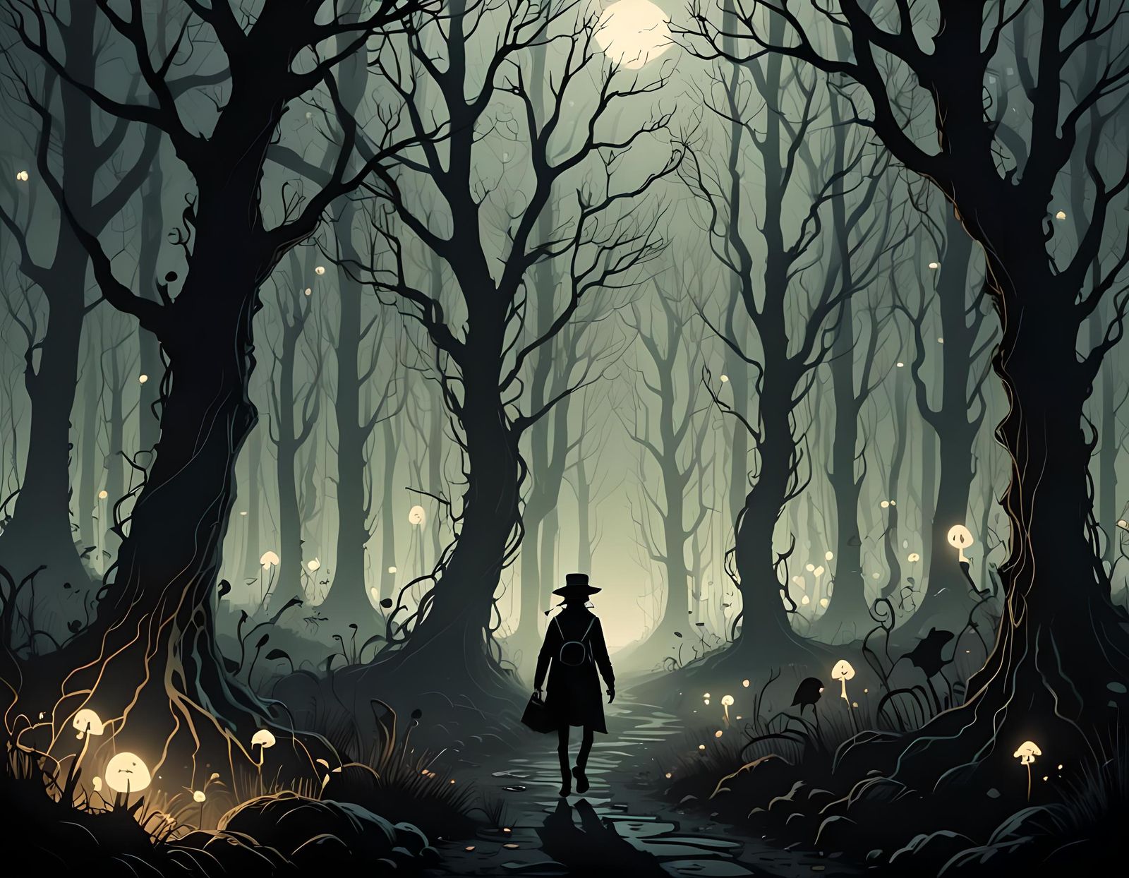 Whimsical Haunted Forest in Minimalist Vector Style