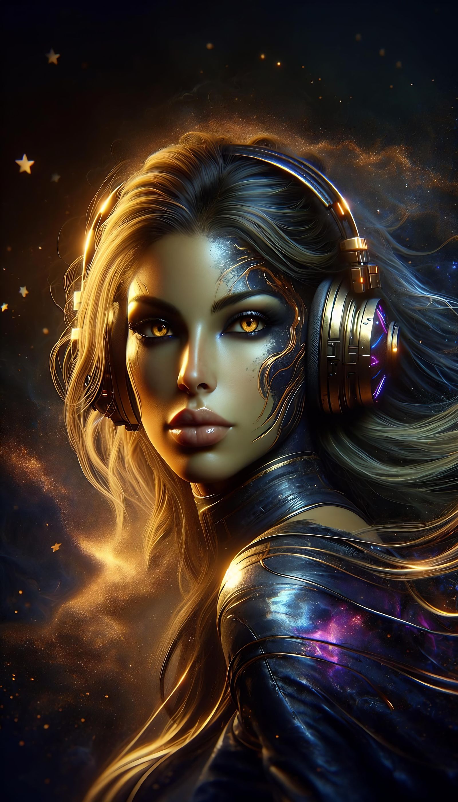 album cover, very realistic  beautiful blond woman head, she has a great tan, almost liquid, purple black gold highlight...