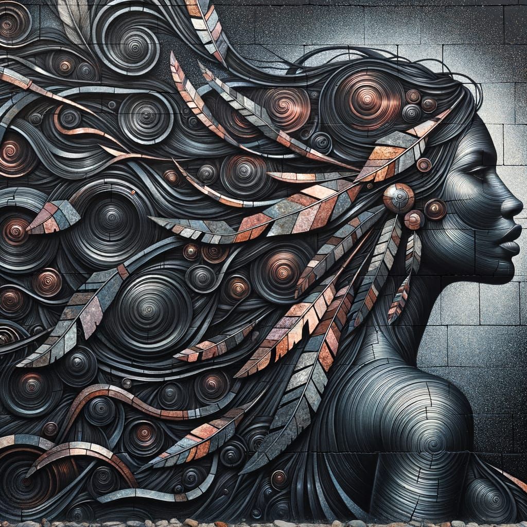 Ojibwe Woman Mural with Copper and Tin Hair