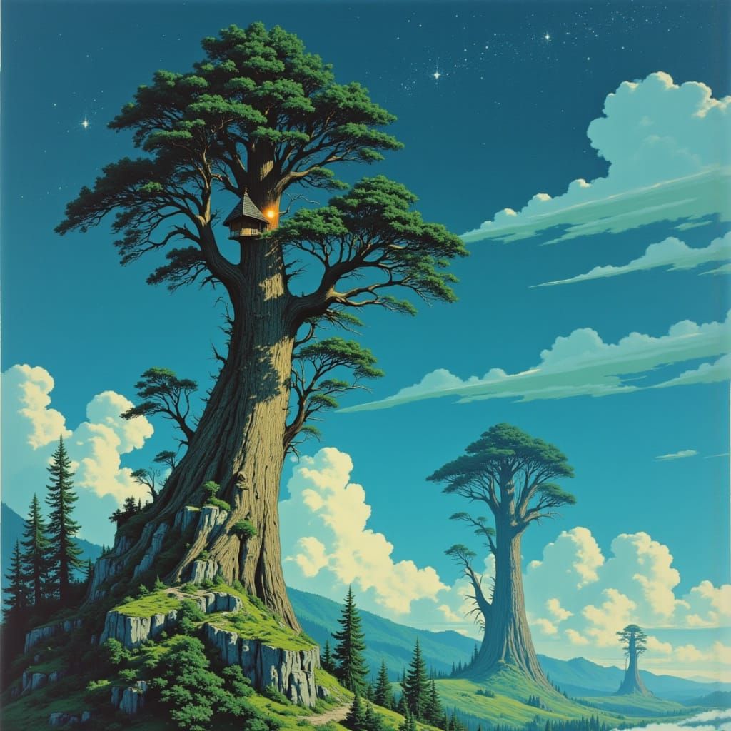 Titanic Pine Megatree Reaching Starfield in Medieval Style
