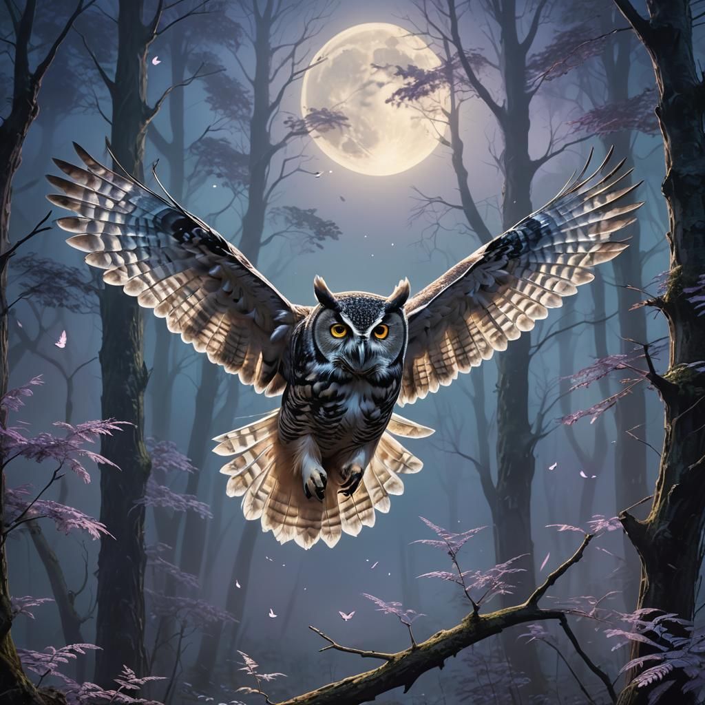 Owl Flying Through Misty Forest: Digital Matte Painting