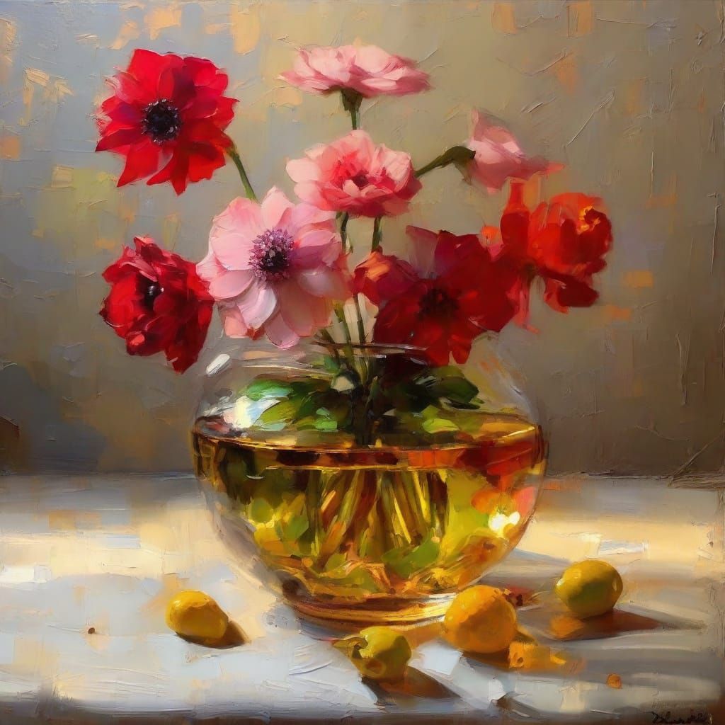 Vibrant Anemone and Cherries Still Life as Dutch Master Oil ...