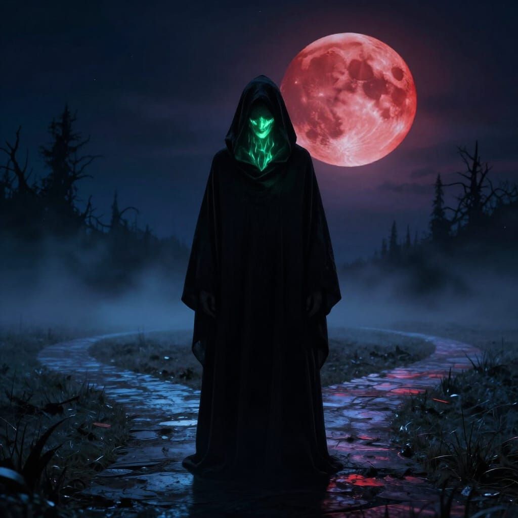 Mysterious Stranger in Shadow Under Blood Moon