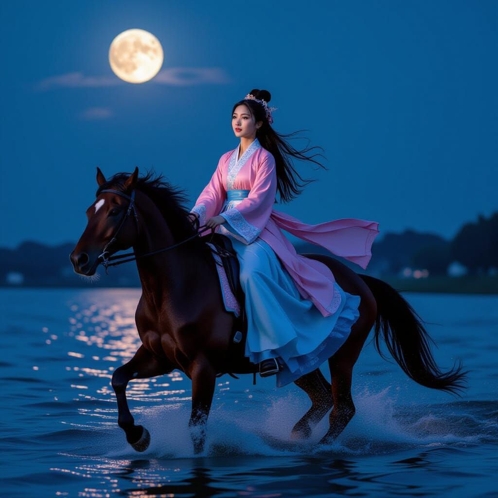 Girl on Horseback in Moonlight