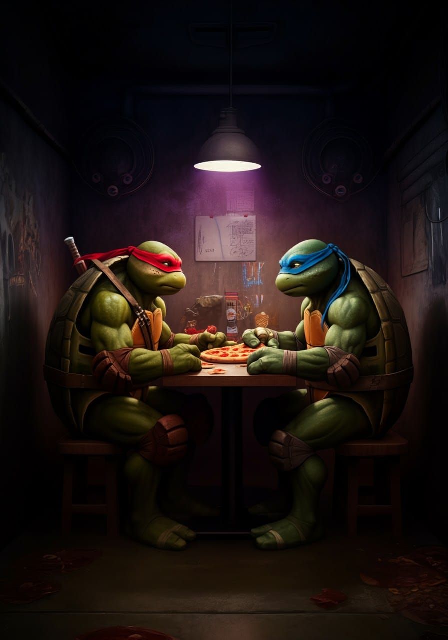 Ninja Turtles Enjoying Pizza in Sewers