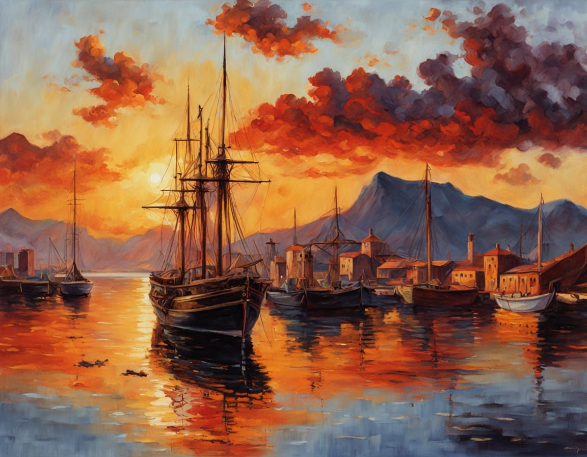 South African Port at Sunset Oil Painting