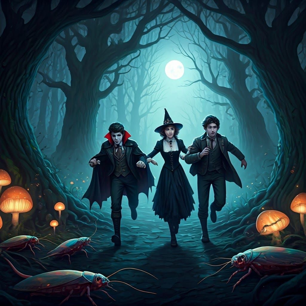 Halloween Chase Through Mystical Forest: Fantasy Concept Art