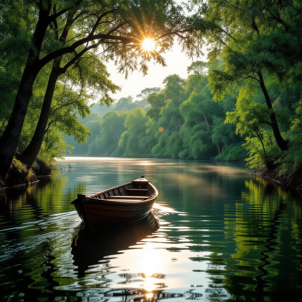 Peaceful Stream with Boat in Cinematic Style