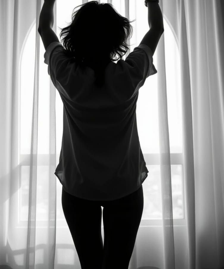 Sensual Woman in Black and White Silhouette Against Bright W...