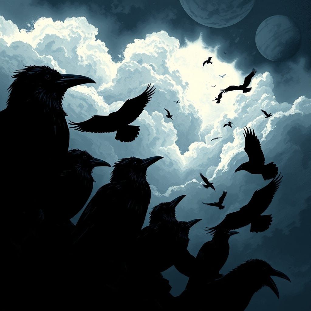 Surreal Black and White Woodcut of a Crow's Gathering in a T...