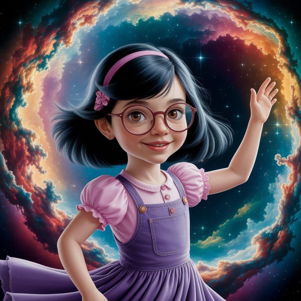 Girl Dances in Nebula: Children's Book Style Oil Painting