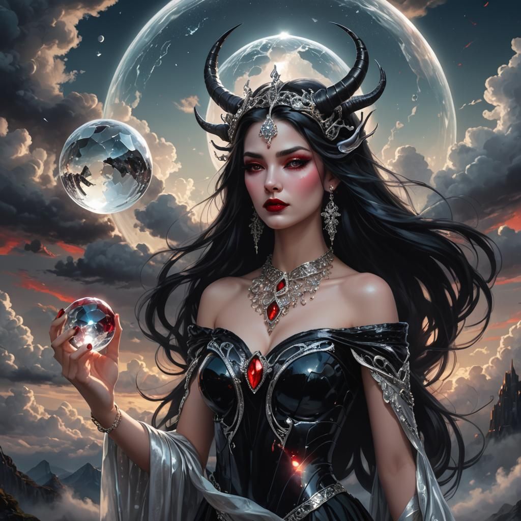 Goddess with Crystal Orb in Fantasy Landscape