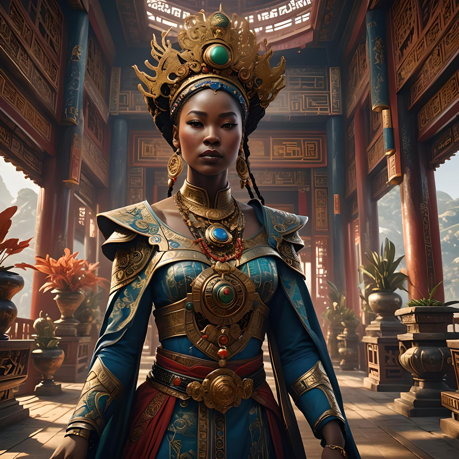 African Queen in Chinese Palace: Detailed Matte Painting